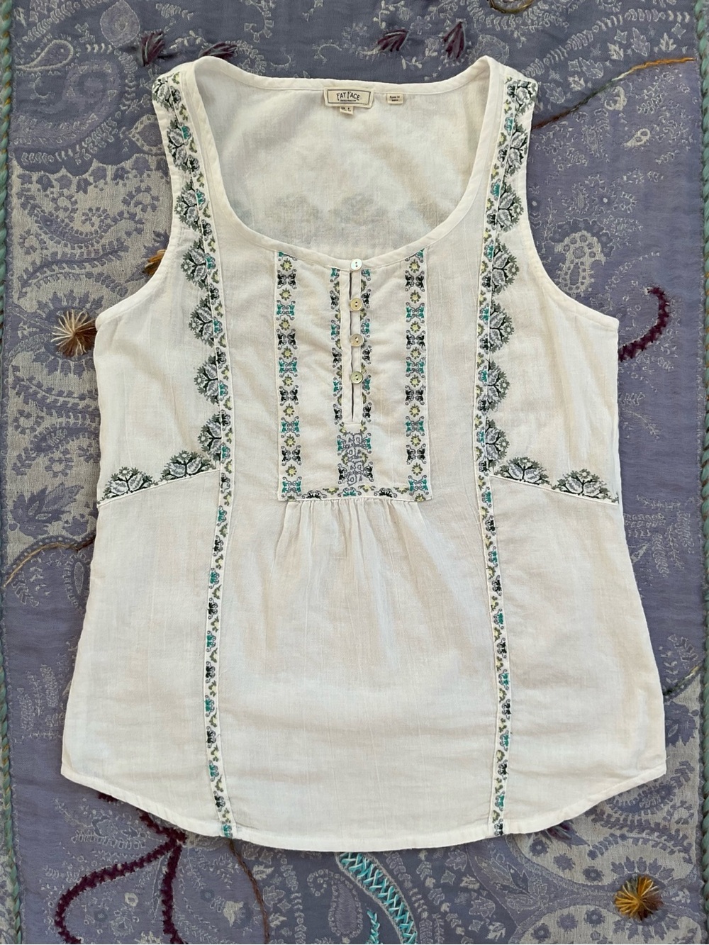 Fat Face Embroidered Sleeveless Tank Top Ivory Boho Peasant US 4 UK 8